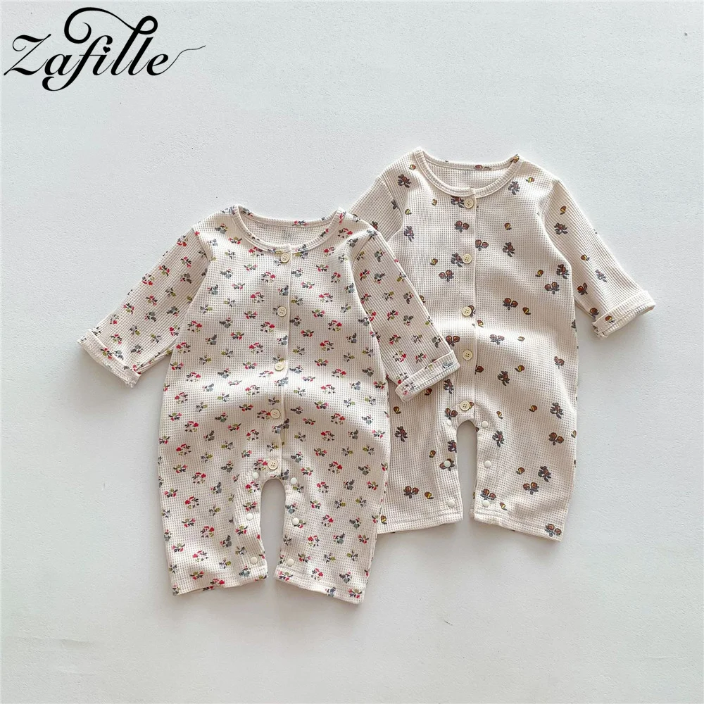 ZAFILLE Spring Newborn Girls Baby Clothes Waffle Floral Print Baby Boy Romper Long Sleeve Jumpsuit For Kids Korean Style Outfits