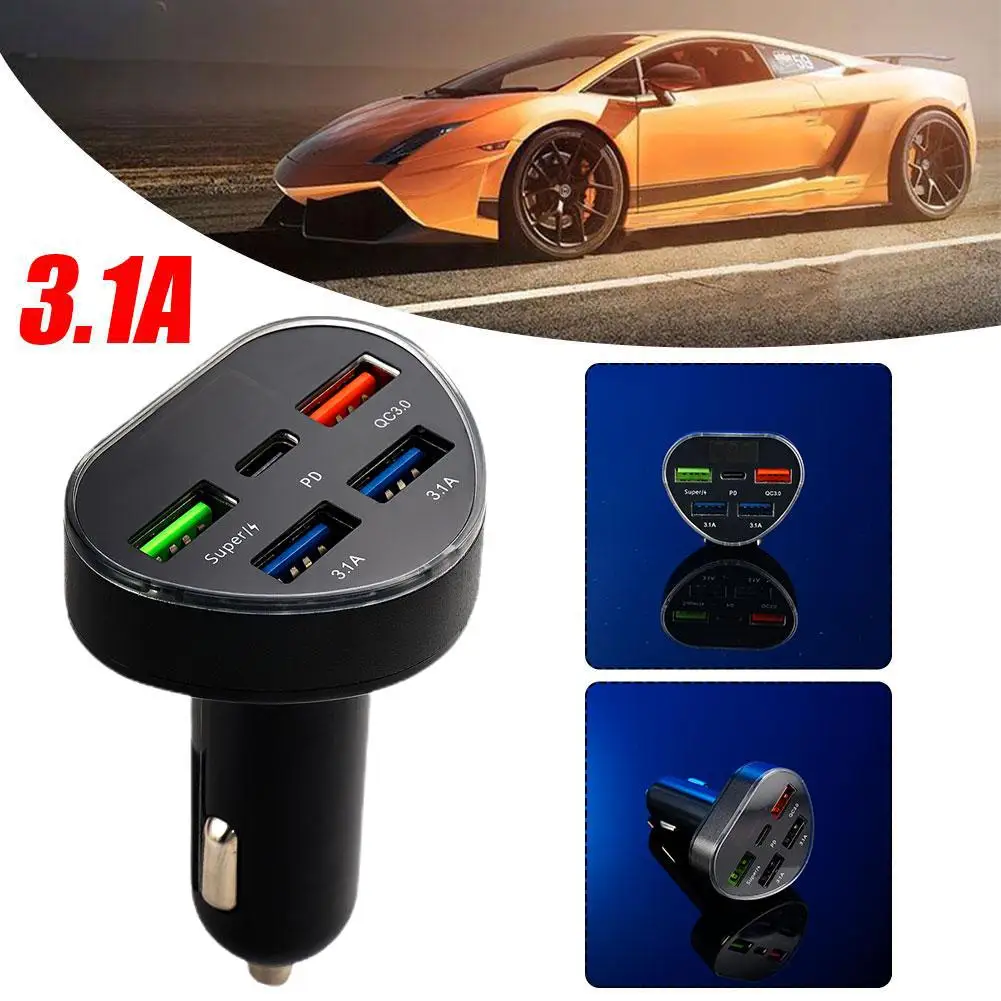 

66W 3.1A Universal Car Charger PD QC3.0 With 5 Ports Fast Charging Adapter For IPhone USB Type C Cigarette Lighter Charger A2T0