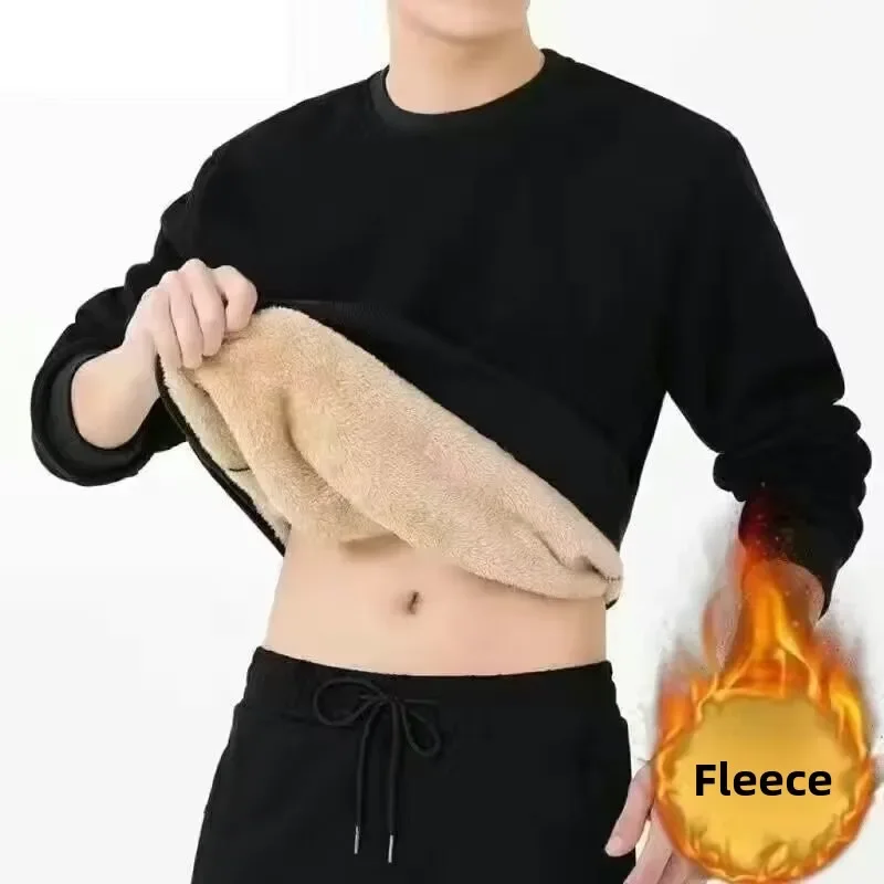 Winter Men Lamb Fleece Sweatshirt Solid Color Warm Round Neck Long Sleeve Men Thermal Underwear Top Velvet Thicken Top