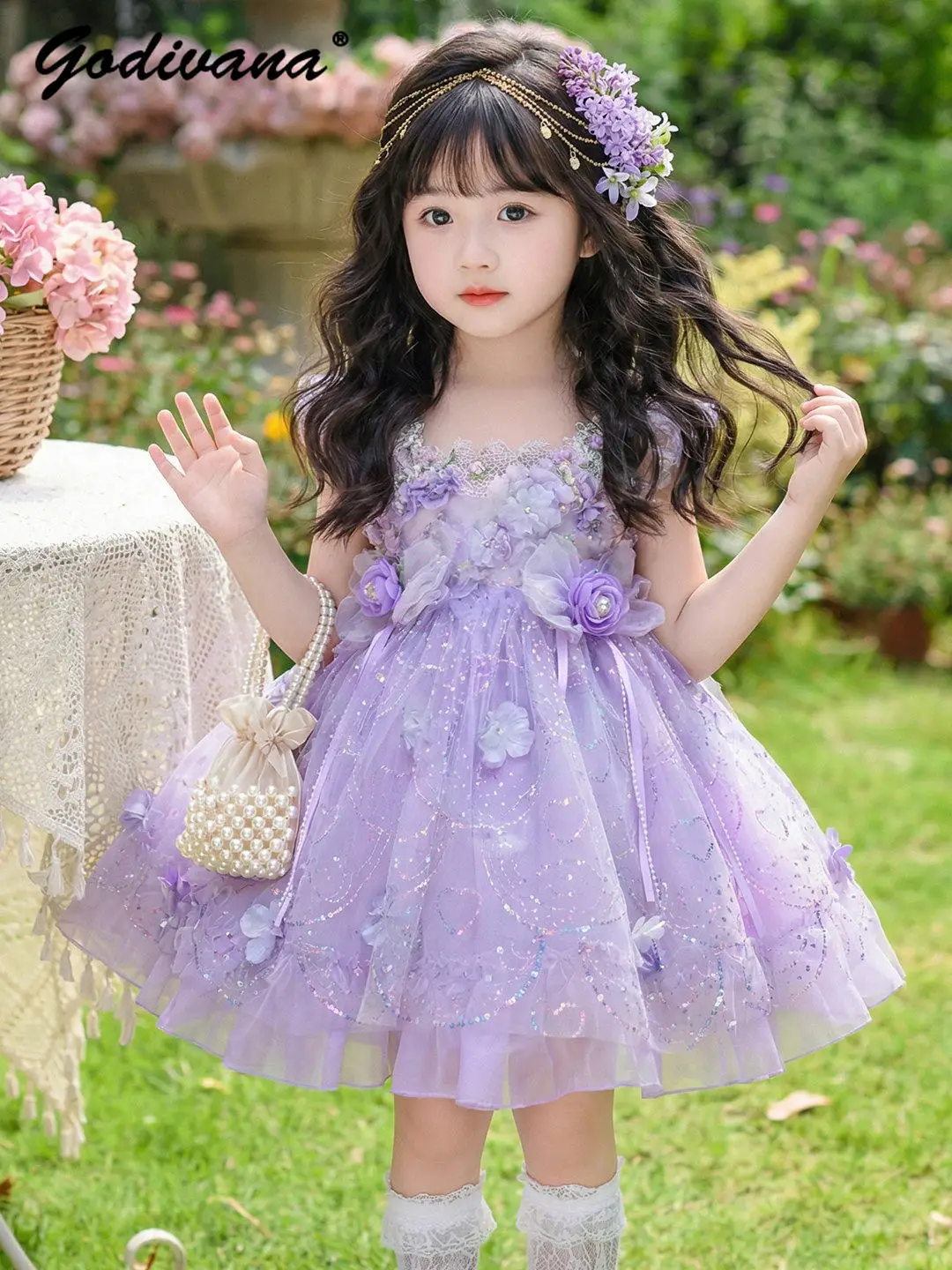 Sweet Baby Girls Elegant Purple Mesh Princess Lolita Sundress Little Girl Heavy Sequin 3D Flower Fairy Tutu Party Formal Gown