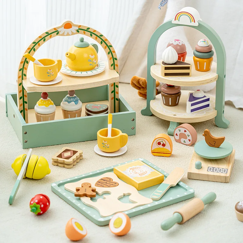 Jouets de cuisine en bois pour enfants, machine à café, service à thé, gâteau, crème glacée, jouets d'apprentissage, cadeaux pour filles et garçons