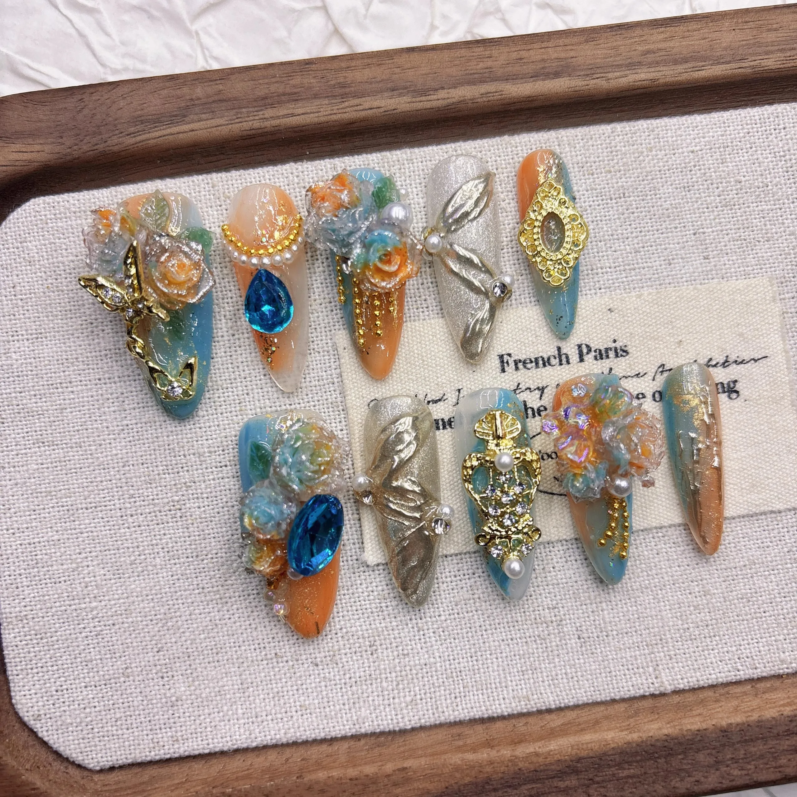 Elegant Floral False Nails-Romantic Spring Design with Butterfly Metal Decor&Sparkling Gems Safe Non-Toxic Glue-On Nail Tips