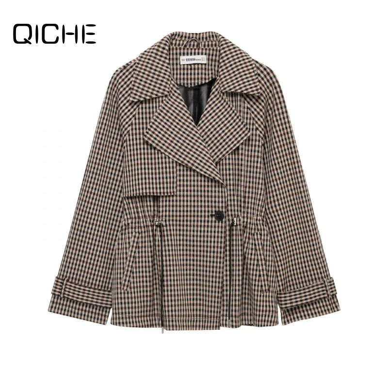 QICHE Women's Trench Coat Women's Outerwear French Lapel Retro Small Houndstooth Women Trench Coat