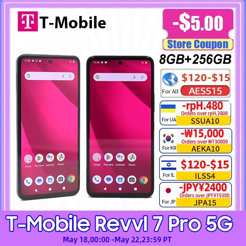 글로벌 버전 T-MOBILE REVVL 7 PRO 5G 256GB 휴대폰 스냅드래곤 6 GEN 1 NFC 50MP OIS 카메라 5000MAH 6.78