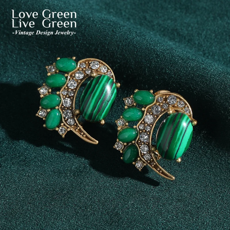 

Vintage Malachite Green Earrings Stud Rhinestone Gold Color Jewelry Designer Quality Luxury Gifts For Woman Accessories Wedding