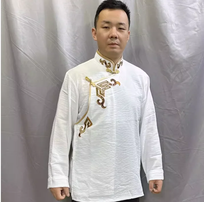 

Tibetan Style Men's New High-End Embroidered Edging Solid Color Tibetan Shirt