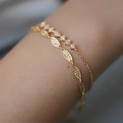 LAMOON 925 Sterling Silver Bracelet For Women Vintage Thin Bracelets Galois Leaf Relief K Gold Plated Wedding Engagement Jewelry
