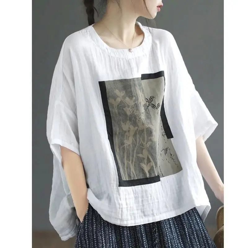 

Cotton Linen T Shirt Women Art Vintage Print Loose T-shirt Fashion Casual Short Sleeve Oversized Blouse Summer Trend Thin Tshirt