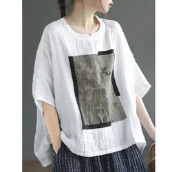 Cotton Linen T Shirt Women Art Vintage Print Loose T-shirt Fashion Casual Short Sleeve Oversized Blouse Summer Trend Thin Tshirt