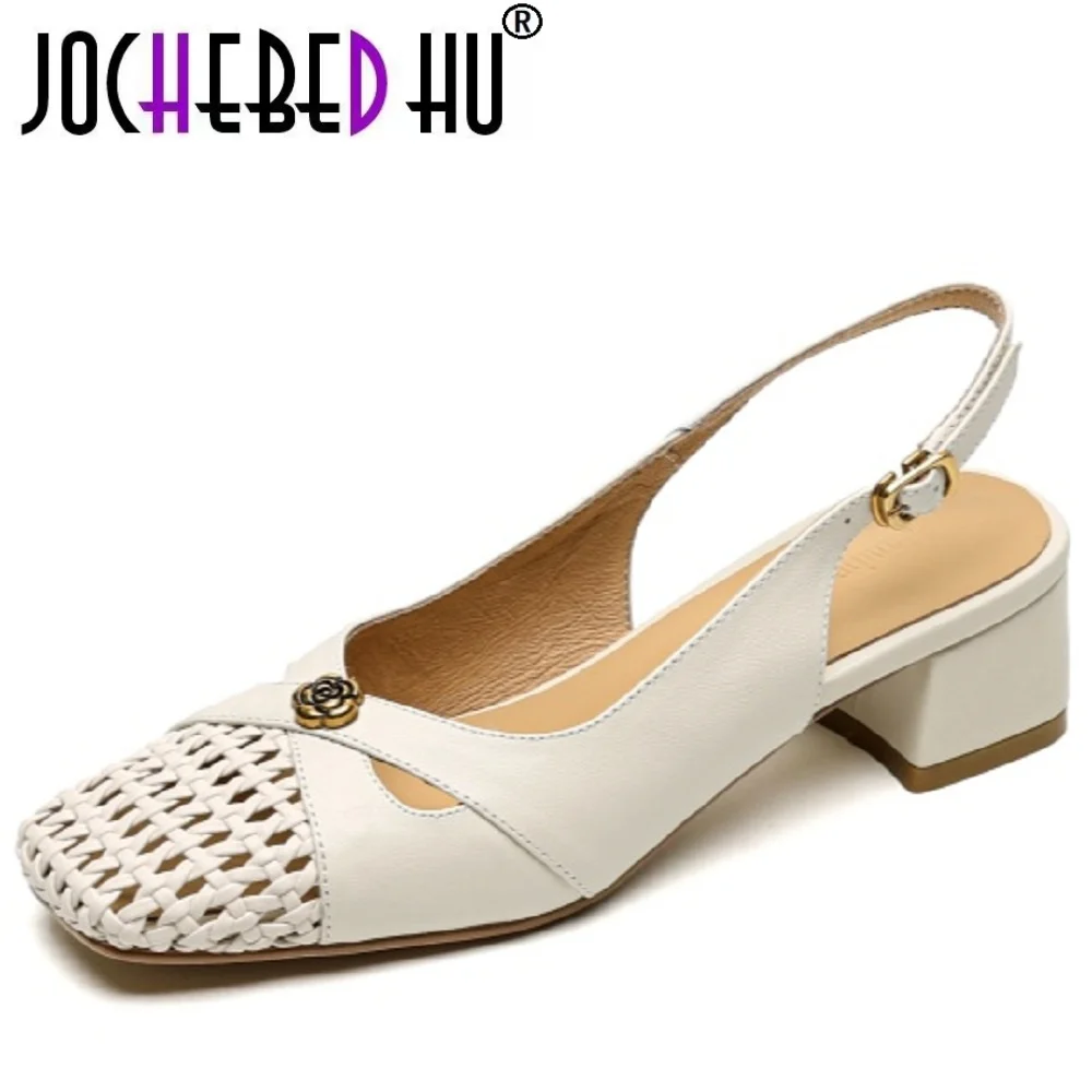 

【JOCHEBED HU】Женская дышащая и удобная мягкая обувь из натуральной кожи ручной работы с квадратным носком на среднем каблуке, размеры 34–40