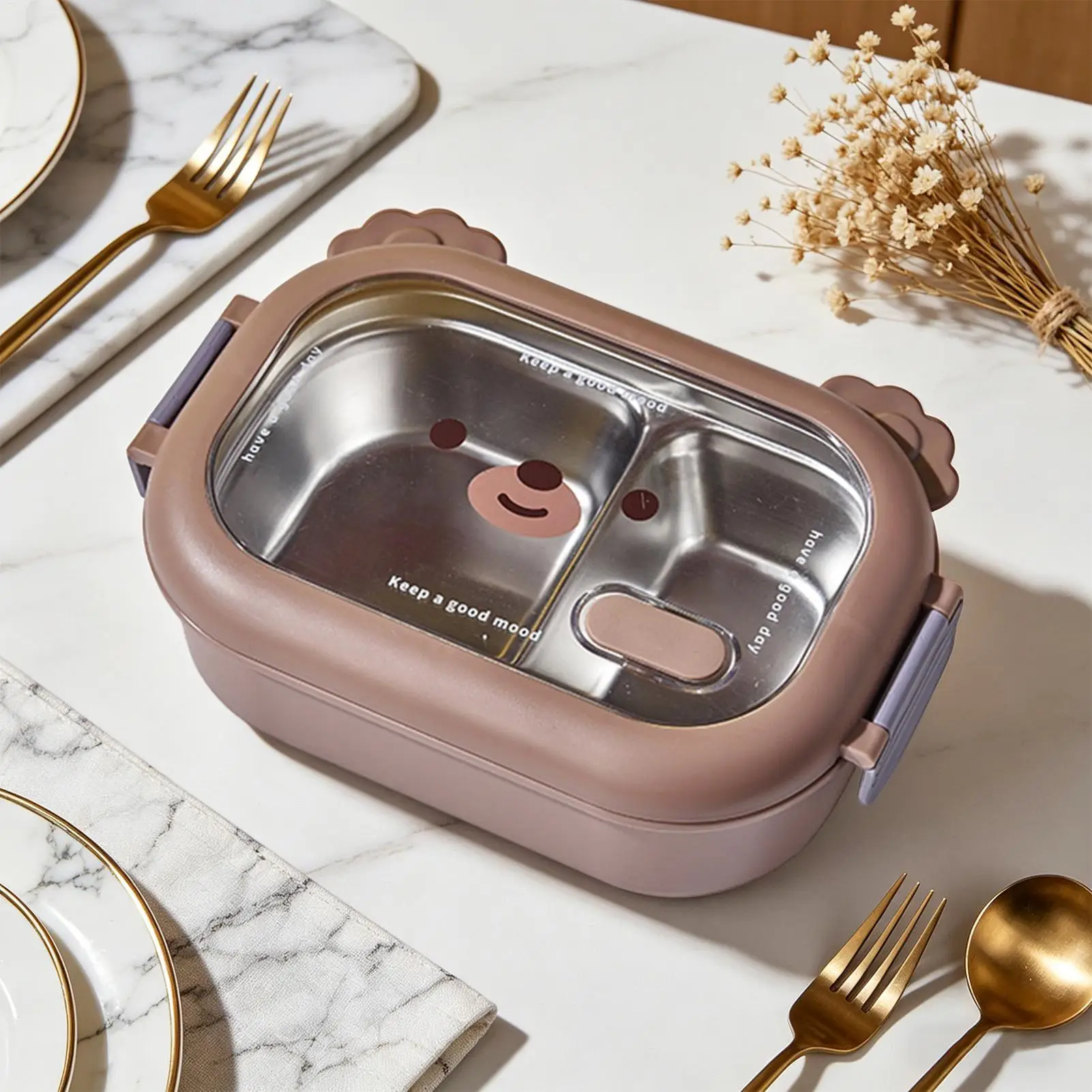 Stainless Lunch Box for Kids Thermal Salad Bowl 1000ml Cute Bear Design Compartment Container for School Work Travel Picnic