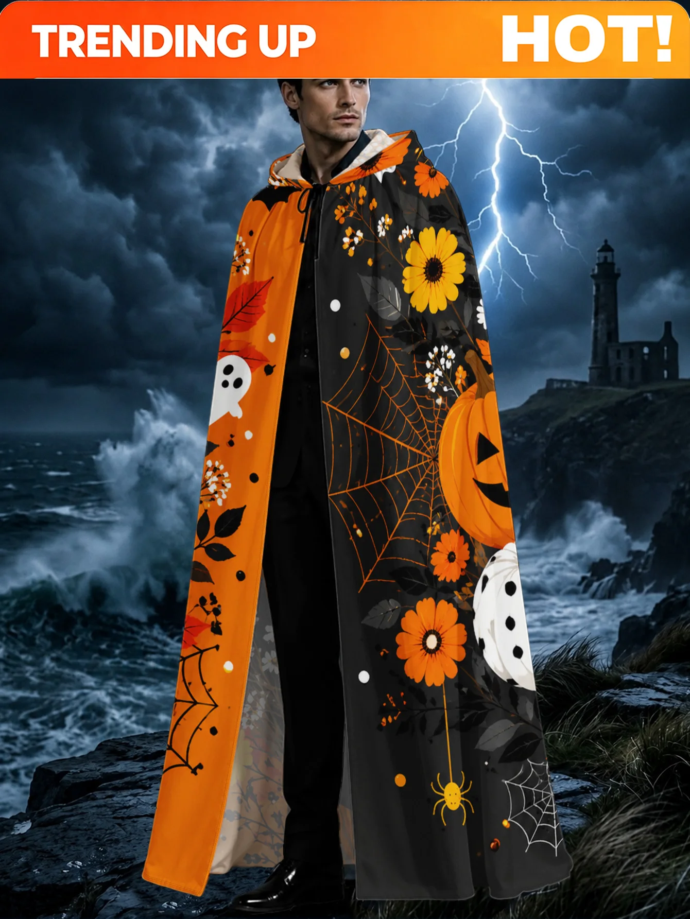 Customization 1pc, Long Adult Hooded Cape With Halloween Floral Arrangement Elements, Suitable For Halloween Scary Costume Event