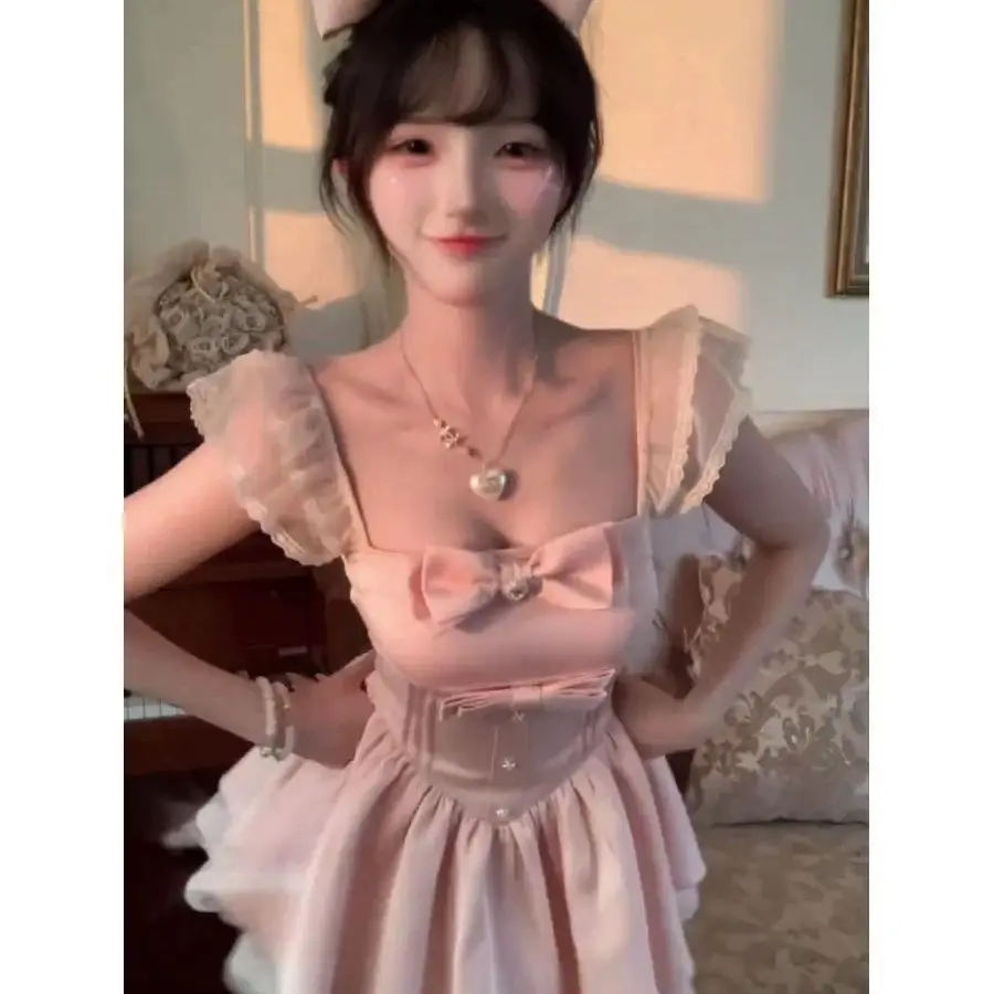 Pink & White Bow Corset Style Dress | Coquette Ruffle Sleeve Layered Skirt Mini Dress Lolita Princess Party Elegant Clothes view 4
