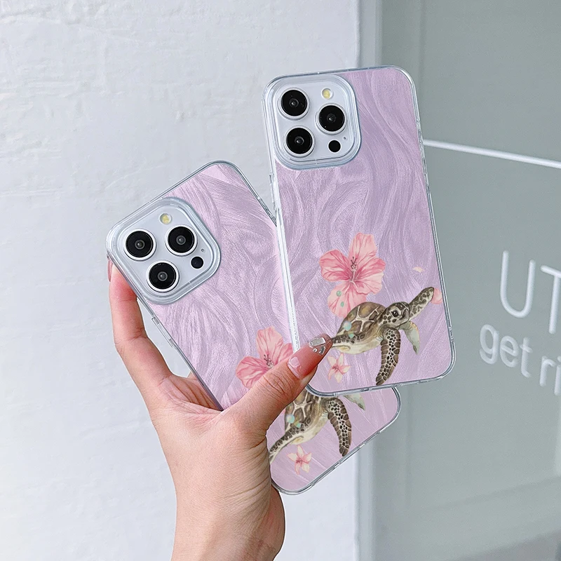 Rosa tartaruga do mar padrão caso de telefone para iphone 17 ar 16 16e 15 14 13 12 11 pro max 8 7 plus capa traseira brilhante