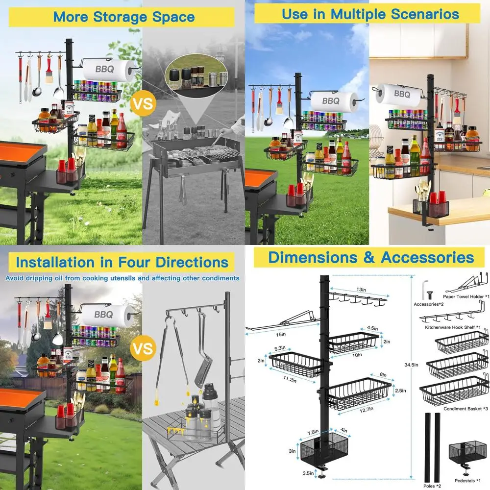

Portable BBQ Griddle Organizer with Condiment Caddy and Paper Towel Holder, Ideal for Outdoor Cooking and Camping, Perfect Gift