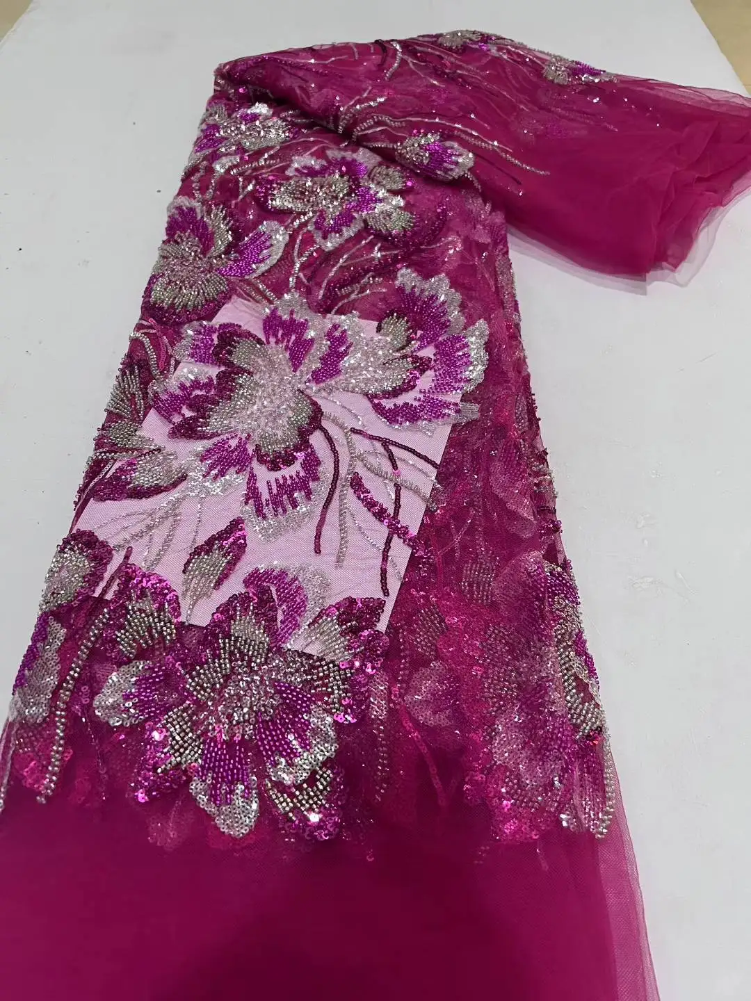 

2025 African French Nigerian High End Tulle Lace Fabric With Beads Sequins Embroiderg Mesh for Wedding Party Bride Sewing Dress