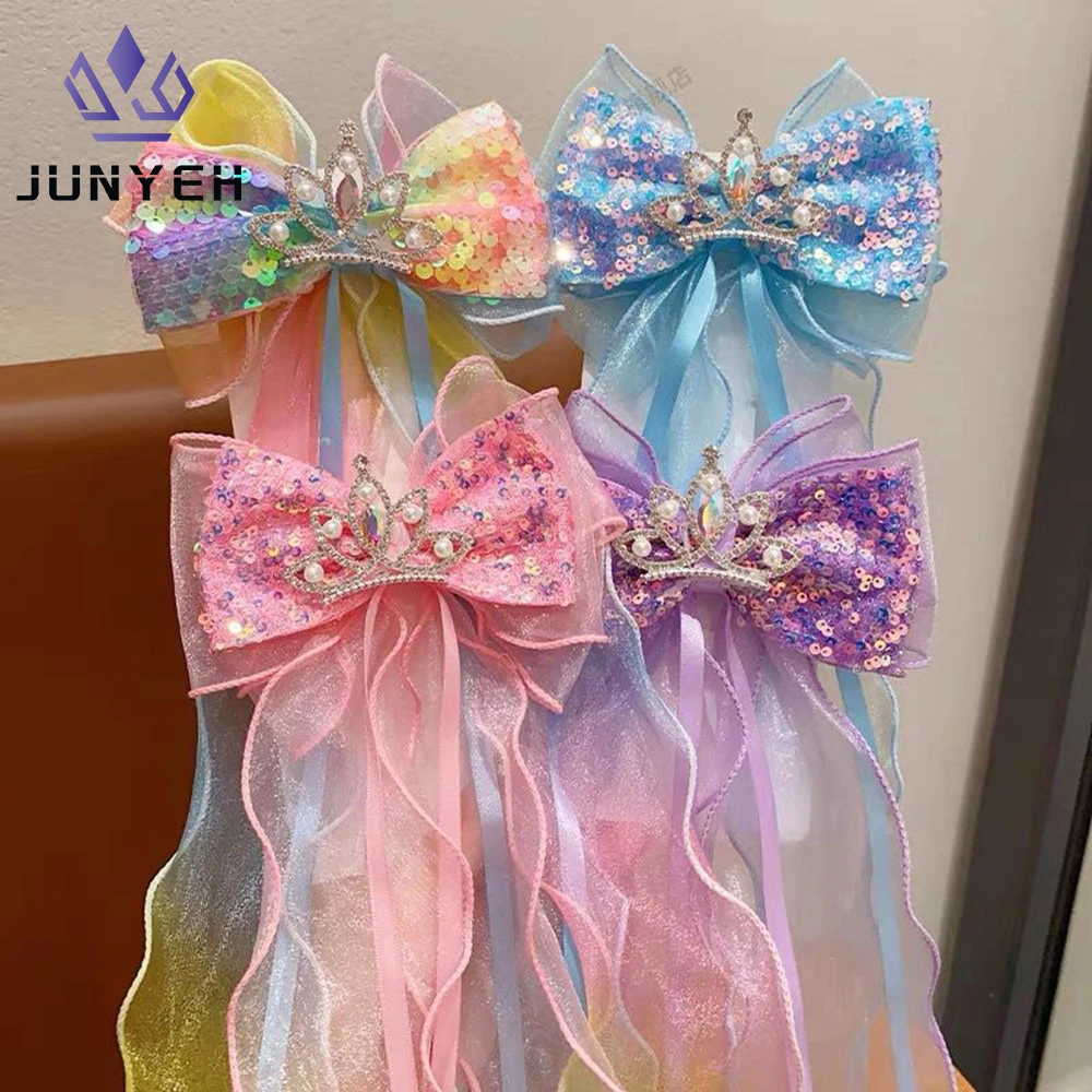 Snowflake Hairpin Large Bow Sequined Ribbon Hairpin Top Clips Girl Princess Crown Clip Braided Headpiece For Kids