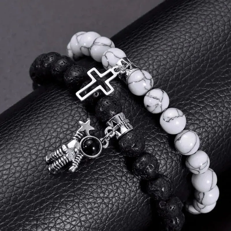 Niche Classic Design White Pine Matte Stone Magnet Love Gossip Cross Astronaut Beaded Bracelet Two-piece Sets