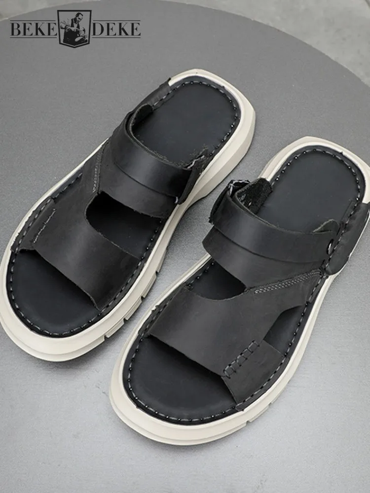 Mens Summer New Casual Outside Beach Sandals Vintage Gladiator Open Toe Thick Platform Sandals Light Weight Cow Leather Sandals