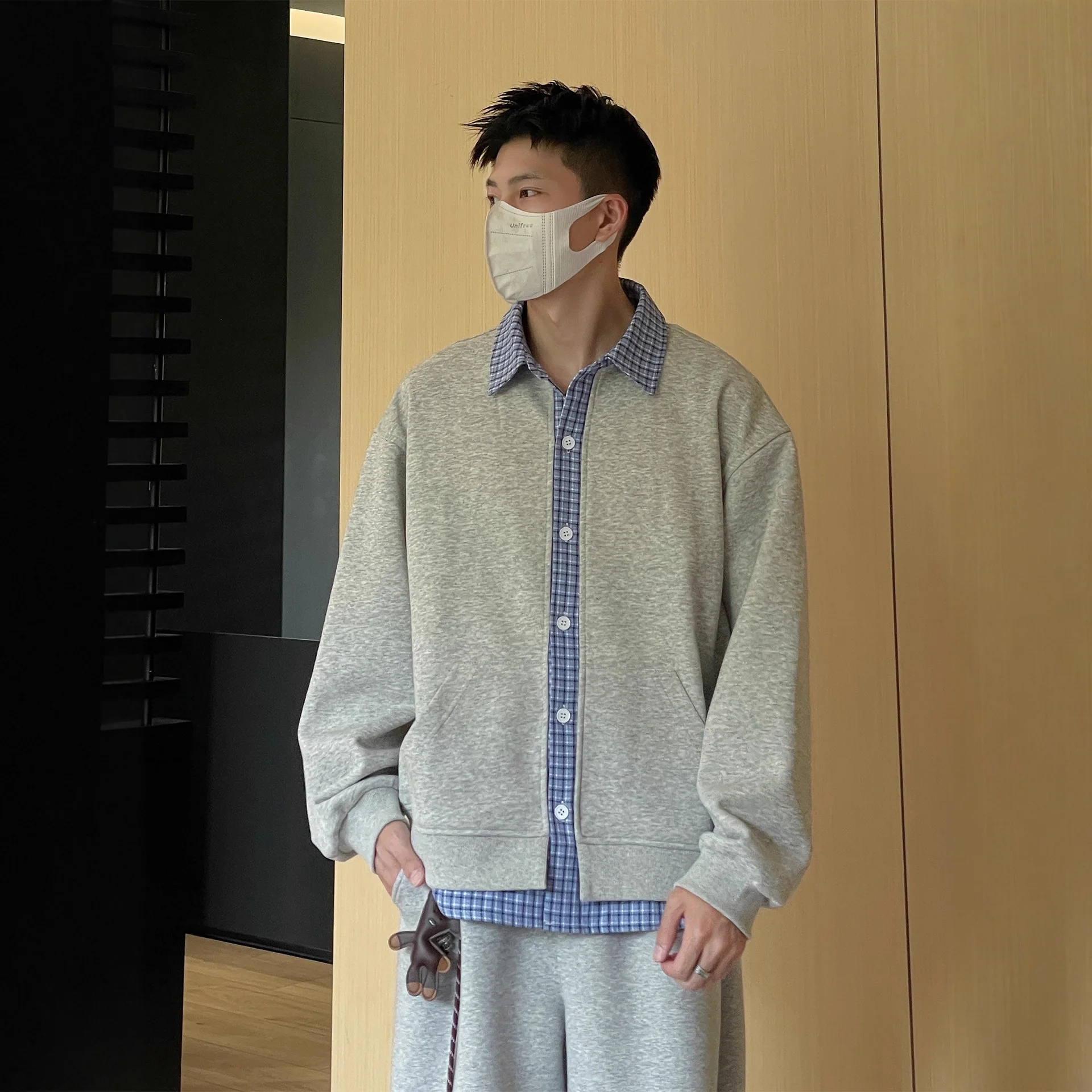 

Early Autumn Plaid Splicing Sweatirt Casual Long Sve Men's Women's Fake Two-Piece Versatile Long Sve Couple's Outfit