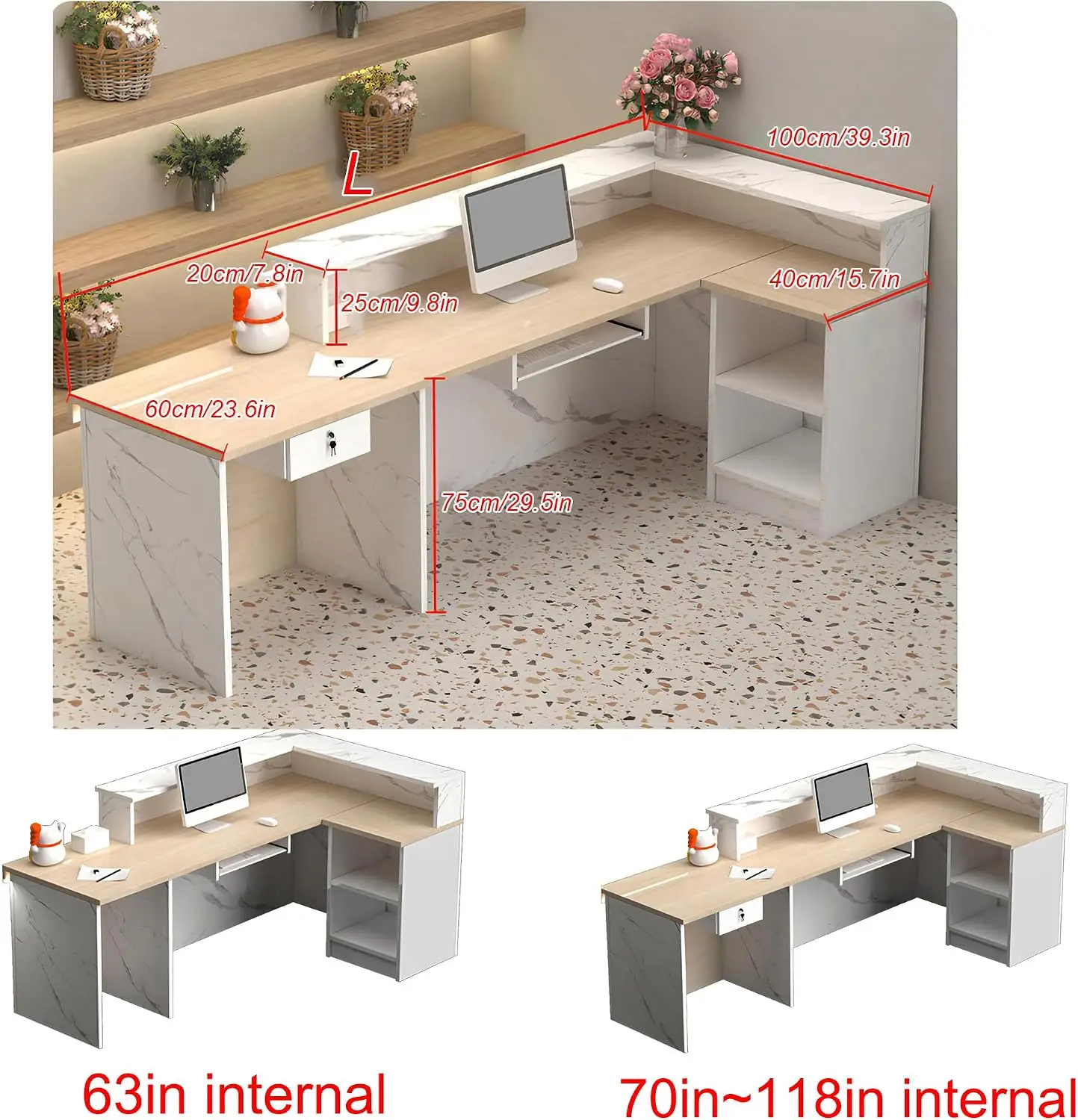 Modern L-Shaped Reception Desk with Counter, Keyboard Tray, Side Cabinet & LED Light Strip, Solid Wood Front Desk Reception Coun