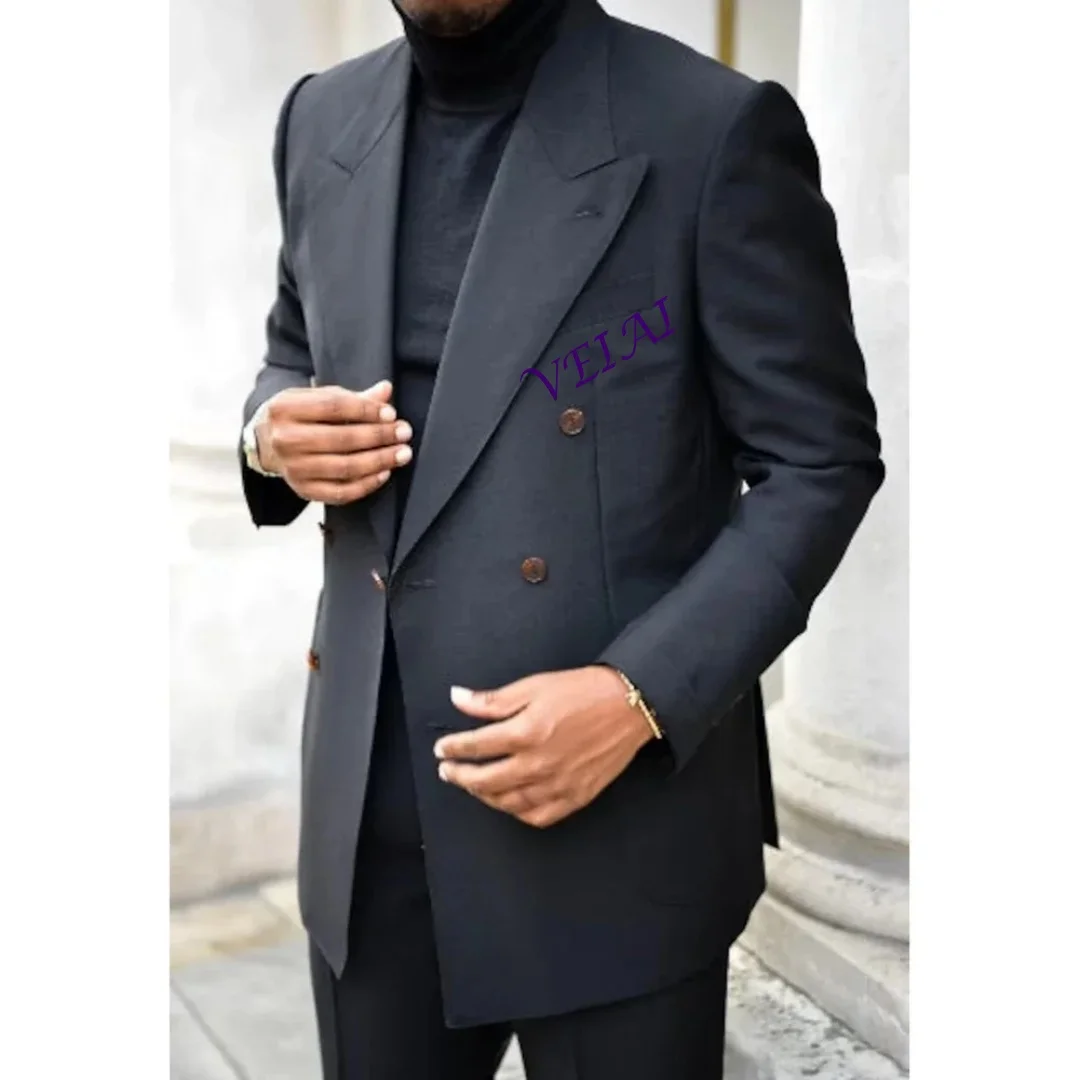 Trajes de boda personalizados para hombre, color azul marino, doble botonadura, solapa con visera, trajes elegantes para fiesta de graduación, chaqueta Formal de 2 piezas, pantalones, trajes de h