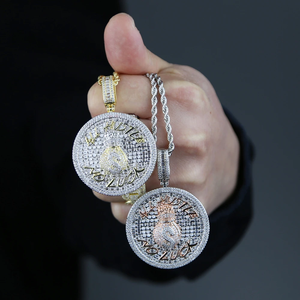 Iced Out Bling 5A CZ Cubic Zircon Round Custom Letter Pendant Money Bag Dollar Symbol Charm Necklace For Men Boy Hip Hop Jewelry