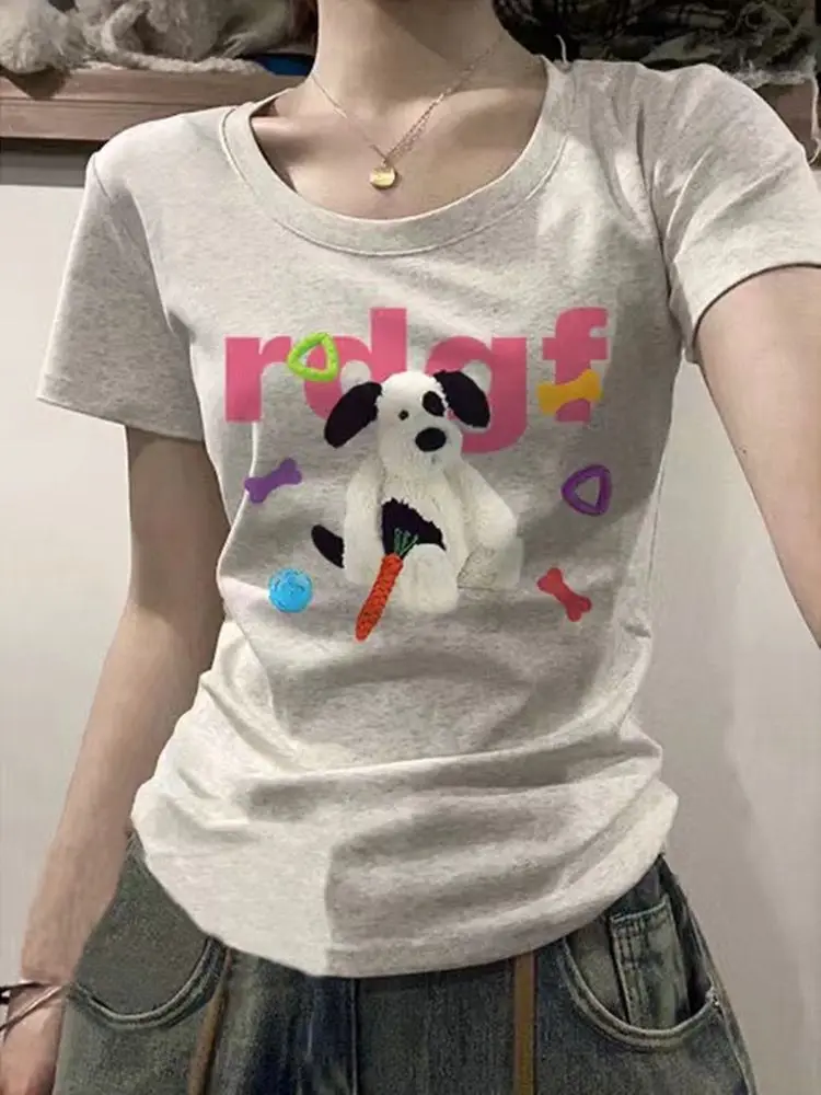 

Лето 2023, женская облегающая футболка с принтом ort Sve из чистого хлопка, универсальный круглый топ Ne, корейский Sle Commute Faion