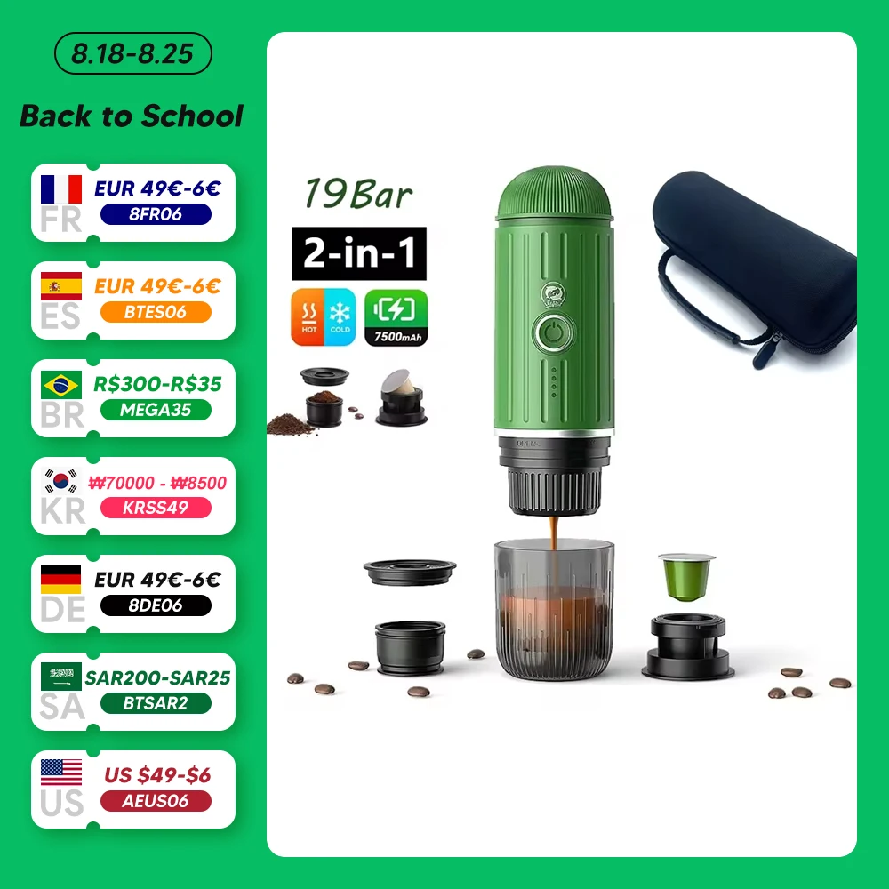 

iCafilas Portable Coffee Machine 19 Bar Espresso Coffee Maker Compatible for Nespresso Capsule Pod Coffee Ground for Travel 2in1