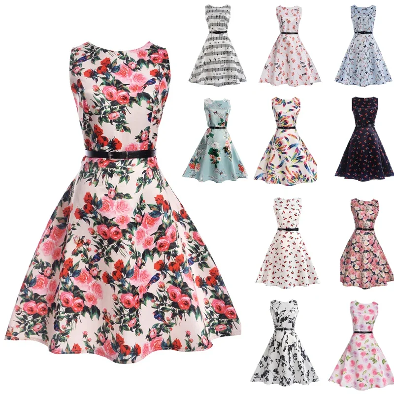 2021 Floral Print Women Summer Dress Hepburn 60s Retro Swing Vintage Dress A-Line Party Dresses Parent-child Elegant Midi Dress