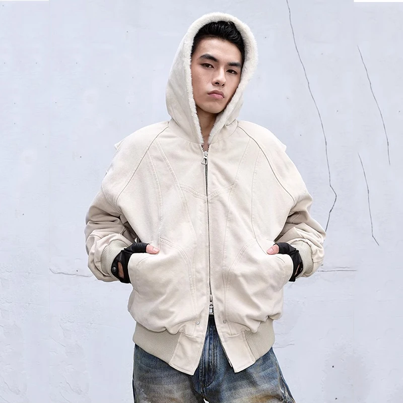 IEFB Men's Winter American Cotton Jackets Denim Washed Hooded Solid Color Thickening Casual Fashion Padded CoatsTrend 9C8965