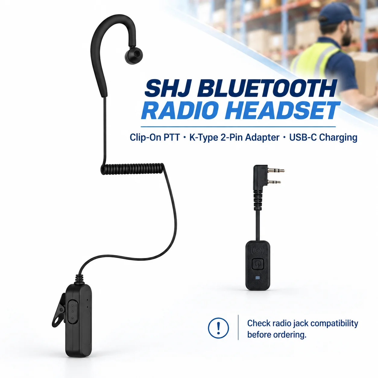SHJ Bluetooth Earpiece for Walkie Talkies, Wireless PTT Headset with K-Type 2-Pin Radio Adapter, USB-C Rechargeable