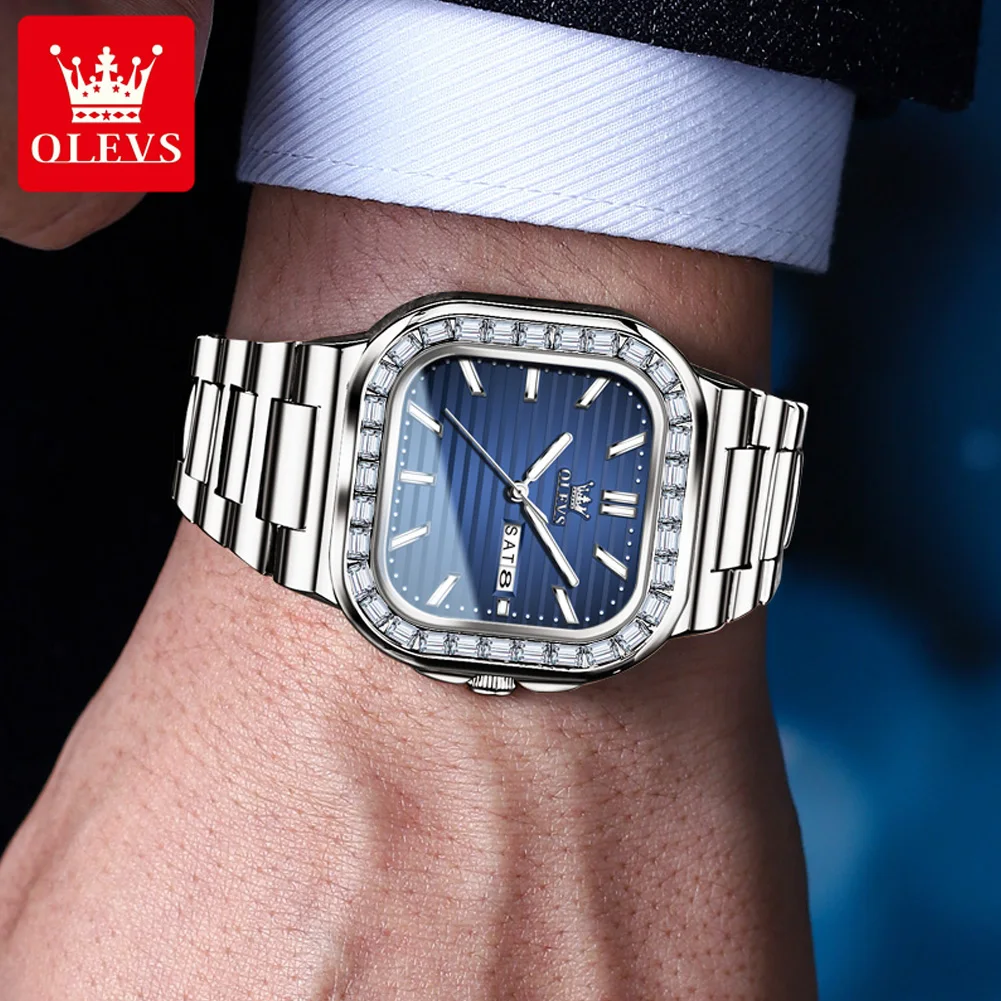 OLEVS-reloj de cuarzo con diamantes para hombre, cronógrafo de pulsera con esfera cuadrada, doble Calendario, de acero inoxidable, resistente al