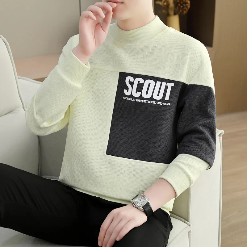 

Мужской вязаный свитшот в стиле пэчворк с высоким воротником и длинными рукавами, базовая футболка-топ для осени и зимы