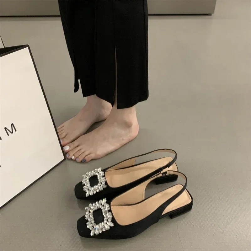 New 2024 Classic Elegant Slingback Sandals Women Rhinestone Buckle Back Strap Flat Ballet Design Shoes Brand Mule Office Mujer