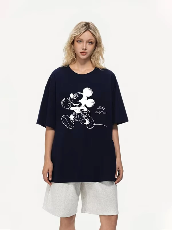

2025 Autumn New Disney Cute Mickey Short-sleeved T-shirt Men's and Women's Heavy Cotton Couple Street Fashion Top