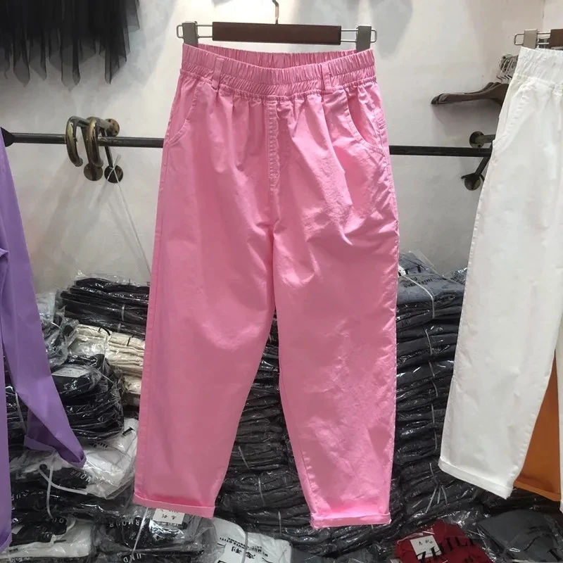 Korean Women High Waisted Carrot Pants Female Thin Summer New Solid Color Breathable Nine Points Pocket Harlan Casual Dad Pants