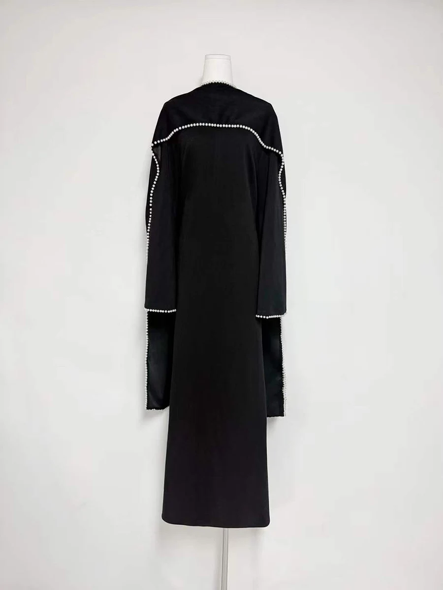 TWOTWINSTYLE Solid Slimming Soliced Bead Temperament Dresses for Women Round Neck Long Sleeves Patchwork Ribbon Dress Female New image 3