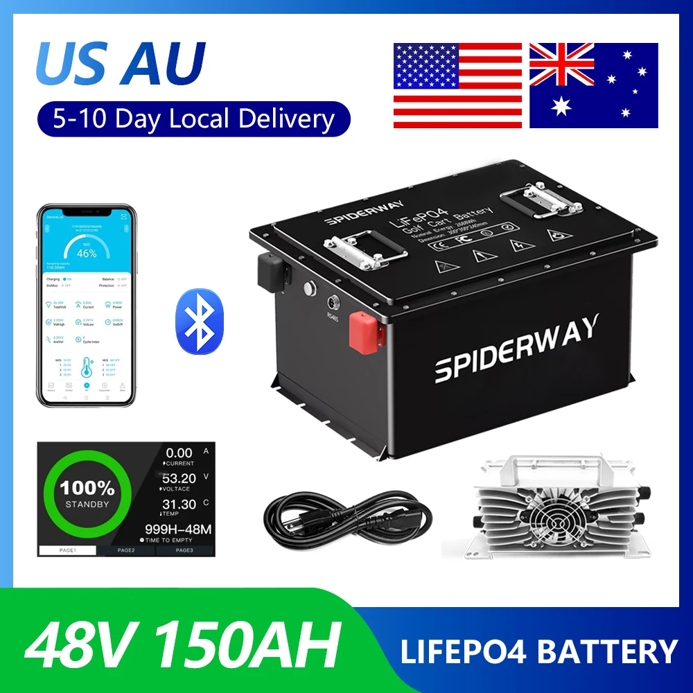 

48V(51.2V) 150Ah LiFePO4 Lithium Battery for Golf Cart Sloar Marine RV Motorhome Yamaha Club Car EZGO With 25A Charger 200A BMS