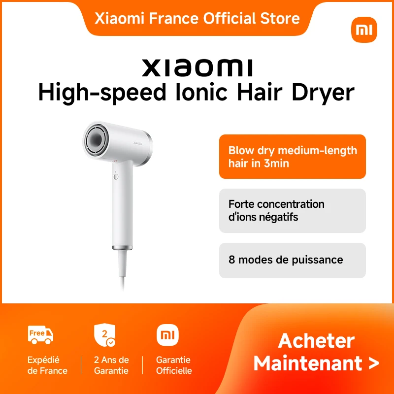 Xiaomi France | Xiaomi High-Speed Ionic Hair Dryer, Blow dry medium-length hair in 3min, Forte concentration d'ions négatifs, 8 modes de puissance