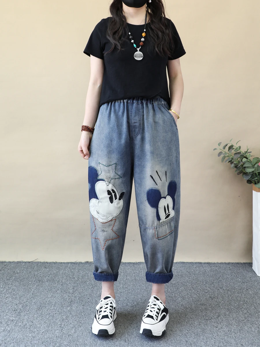 Retro Cartoon Love Embroidered Jeans Women Street Style Loose Ripped Cropped Harem Pants Thin Summer Pants Wide Leg Jeans