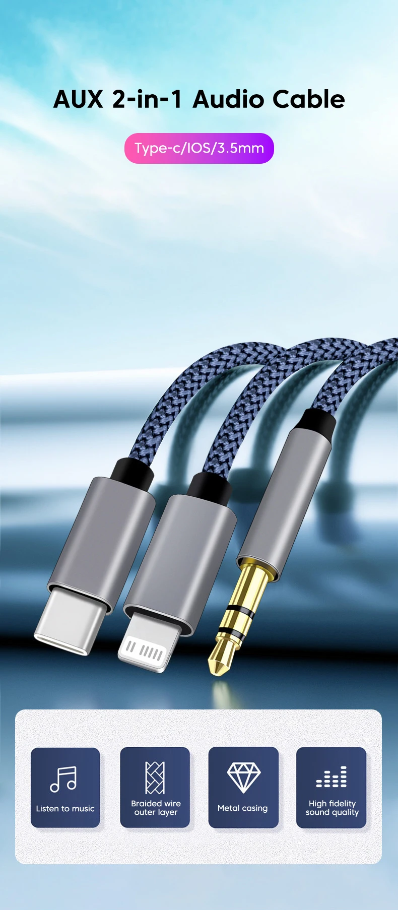 2-in-1 Aux-Audiokabel Typ C/Lightning auf 3,5-mm-Klinkenkabel für Auto-Kopfhörer, Telefon, USB-C, iOS zu 3,5-mm-Aux-Konverter-Klinkenkabel – Detail 1