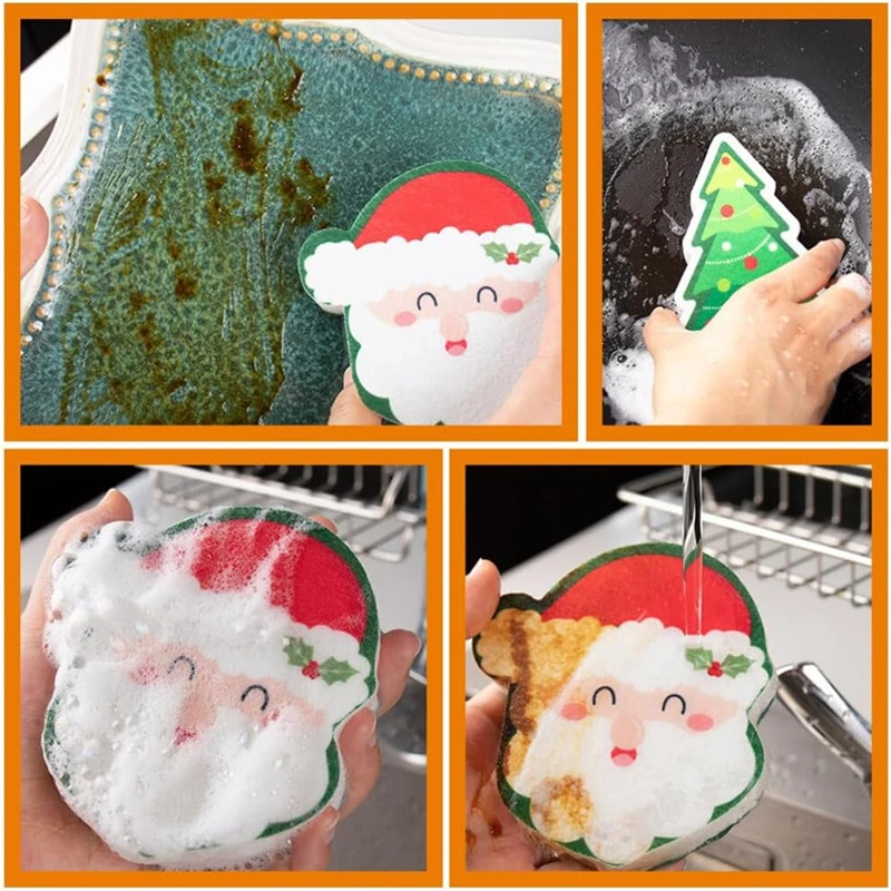 New 4-1PC Christmas Cleaning Sponge Household Scouring Pad Kitchen Wipe Dishwashing Sponge Cloth Dish Cleaning Towels Clean Tool