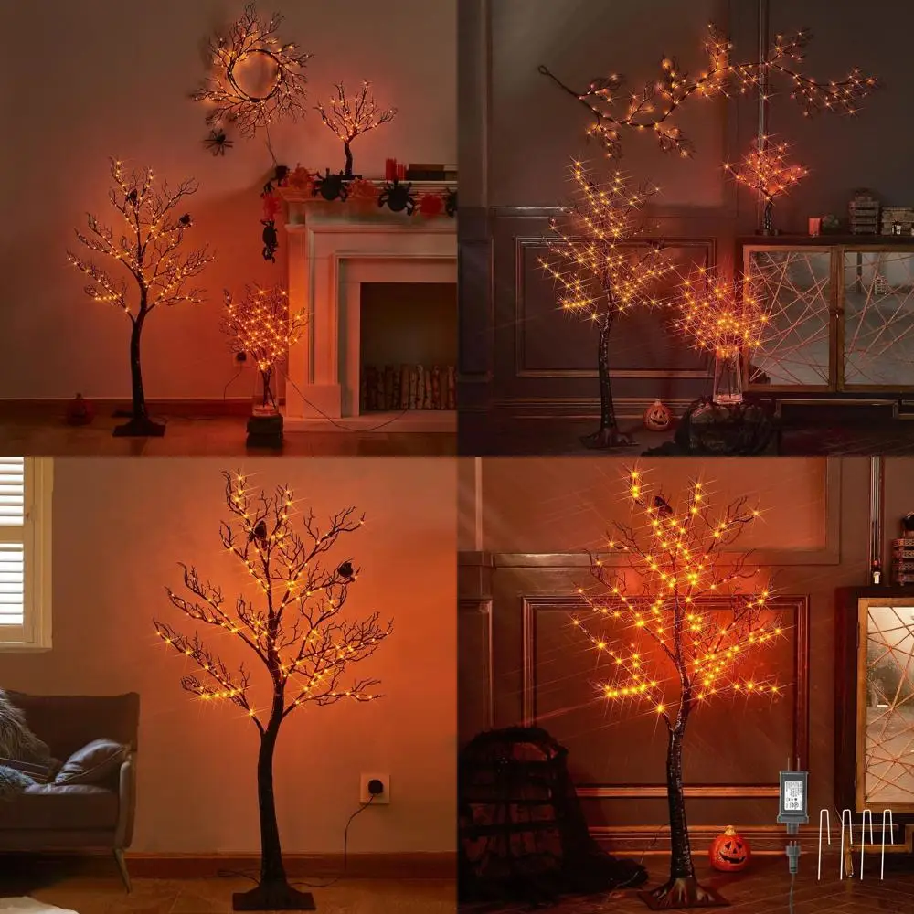 

Хэллоуинская елка с подсветкой: 150 оранжевых гирлянд, высота 4 фута, черный блеск, идеально подходит для вечеринок в помещении и на открытом воздухе