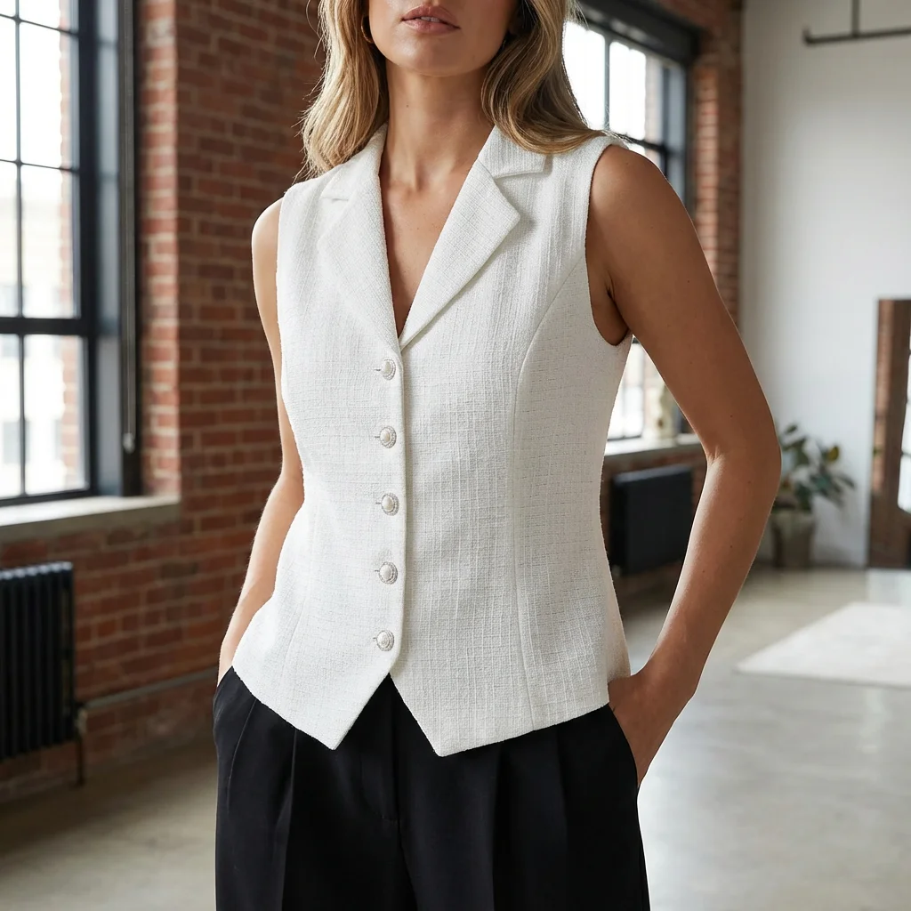 سترة تويد بيضاء أنيقة للنساء، سترة بدون أكمام على الطراز الكوري مع أزرار لؤلؤية أنيقة، بلوزة للسيدات للمكتب للربيع والصيف #4