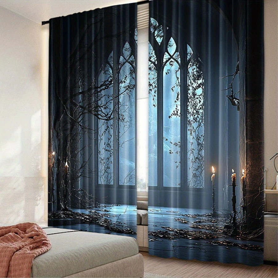 2PCS Digital Printed Curtains, Gothic Cathedral Arch Window Branches Candles, Dark Medieval Castle Hall Window Decor Room