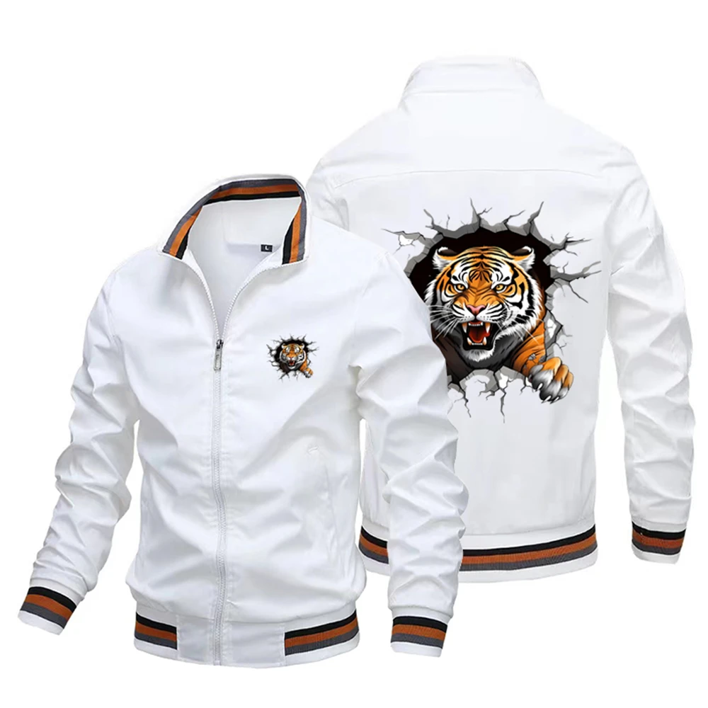 2024 Spring and Autumn New Men\'s 3D Tiger Flying Jacket Fashion Animal Pattern Windproof Plus Size Street Collar Casual Coat