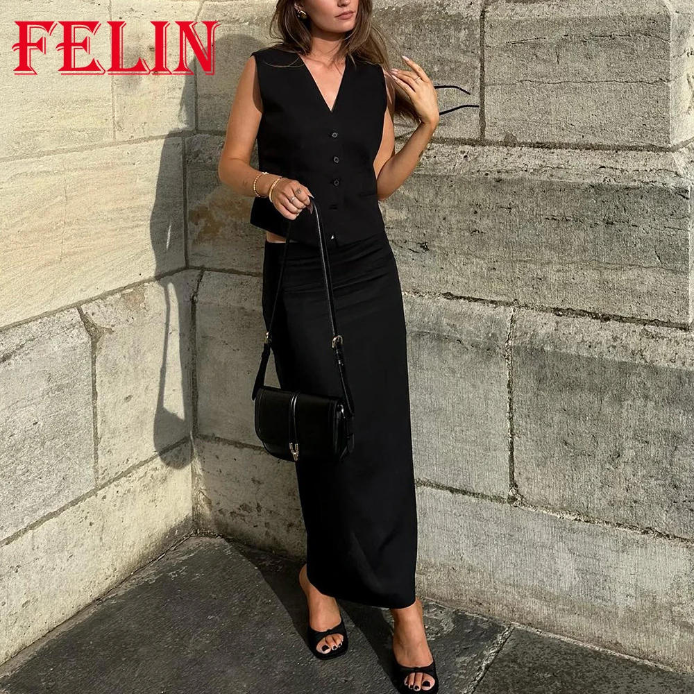 

TRAF 2023 Summer Women Vintage Solid Black Linen Suit Buttons V-Neck Vest+Zipper Sheath Long Skirt Sexy Women Elegant Sets