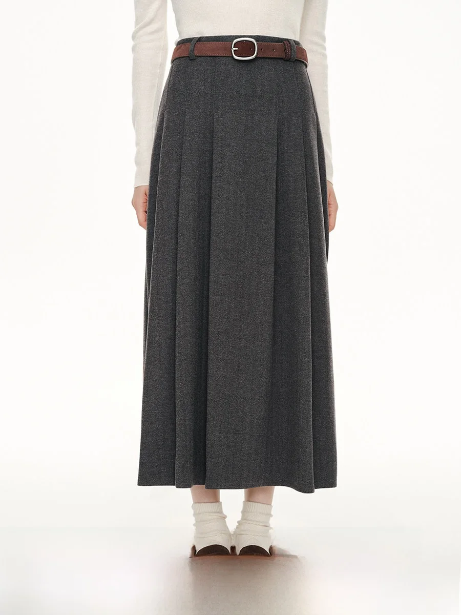 

Long A-Line Woolen Skirt Gray Gingham Retro College Style High Waist Warm Polyester Cotton Blend Pleated Skirt for Women