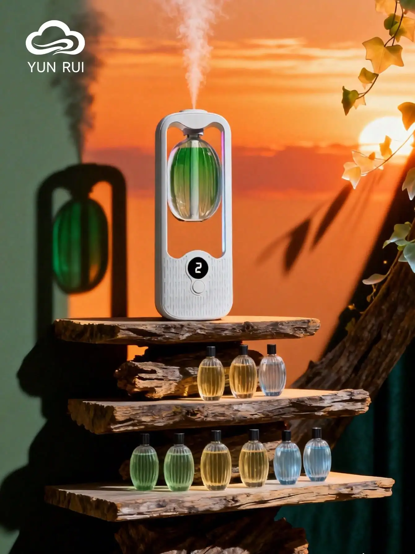 

1 Set Premium Aroma Diffuser (With Color Changing Mood Light) Combo (Includes Diffuser + 6 Assorted Essential Oils), USB + Type-C Rechargeable, 5 Modes - Digital Display, Wall Mountable (Wall Sticker Included), Suitable For Bedroom, Living Room, Bathroom,